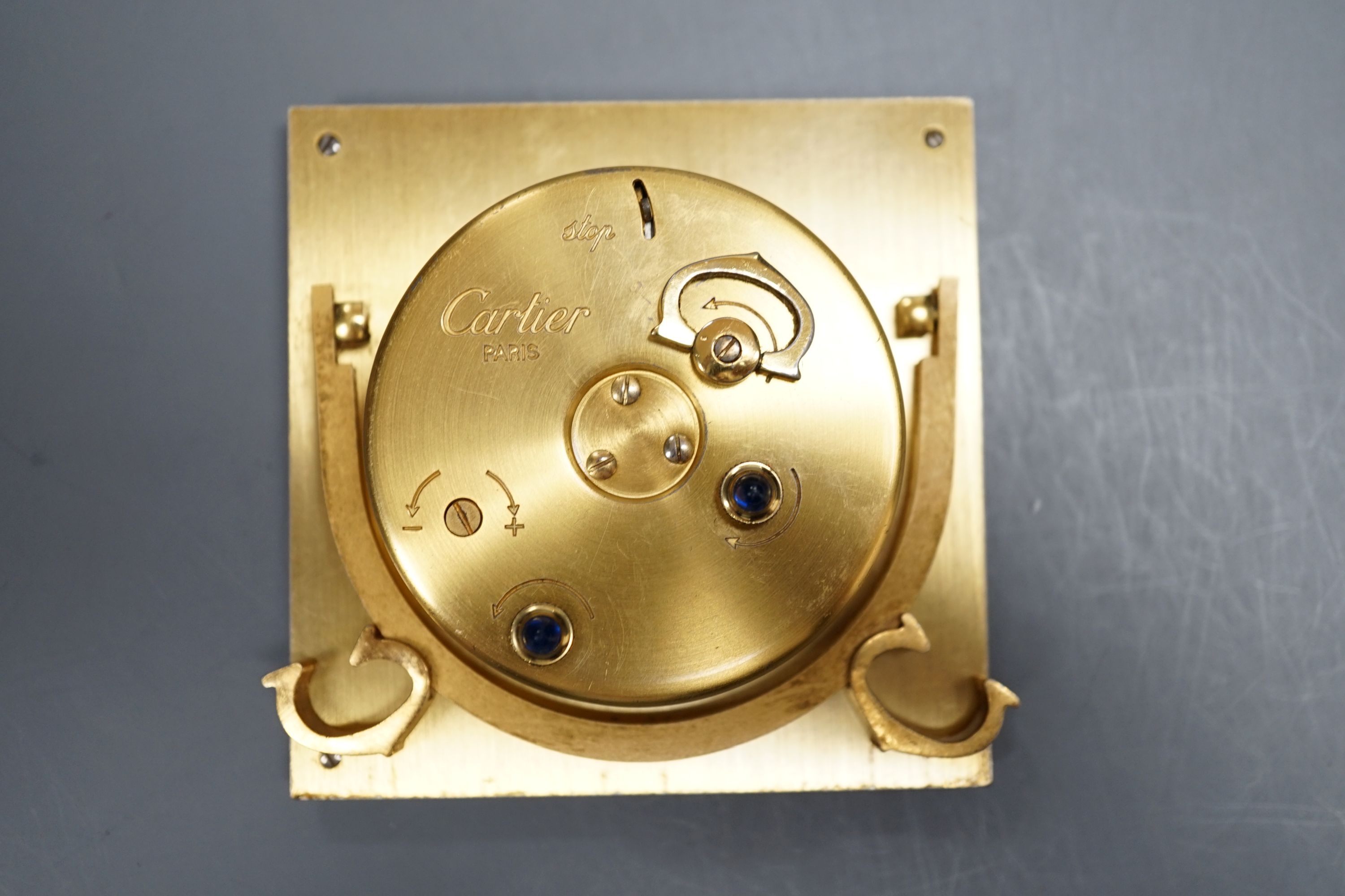 A Must de Cartier travelling timepiece in box, timepiece 7.5 cms square.